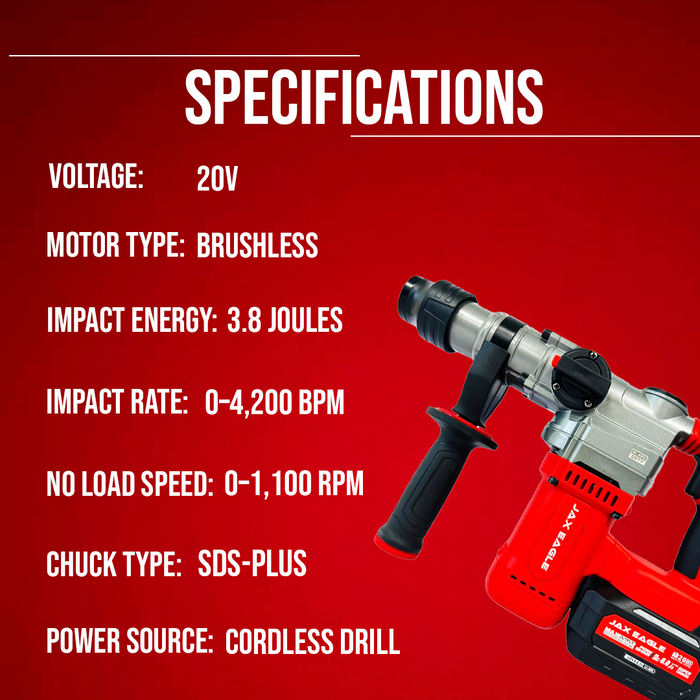 RH2702BL 20V Cordless Drill, Brushless SDS Hammer Drill with 3.8J Impact Energy