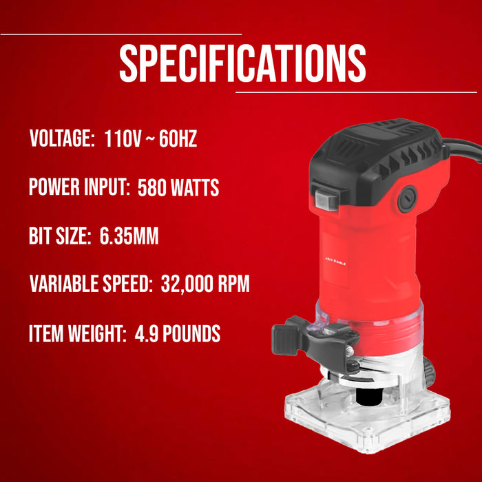 WT635M Router Tool 580W High-Speed Wood Router 32,000 RPM Electric Trim Router Compact Palm Router Plunge Router for Woodworking Edge