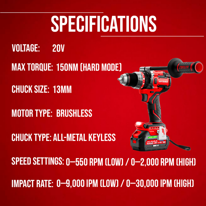 KB13150PRO 20V Cordless Drill, Brushless Impact Drill with 150Nm Torque, 13mm Chuck, Dual Speed, Hammer Drill