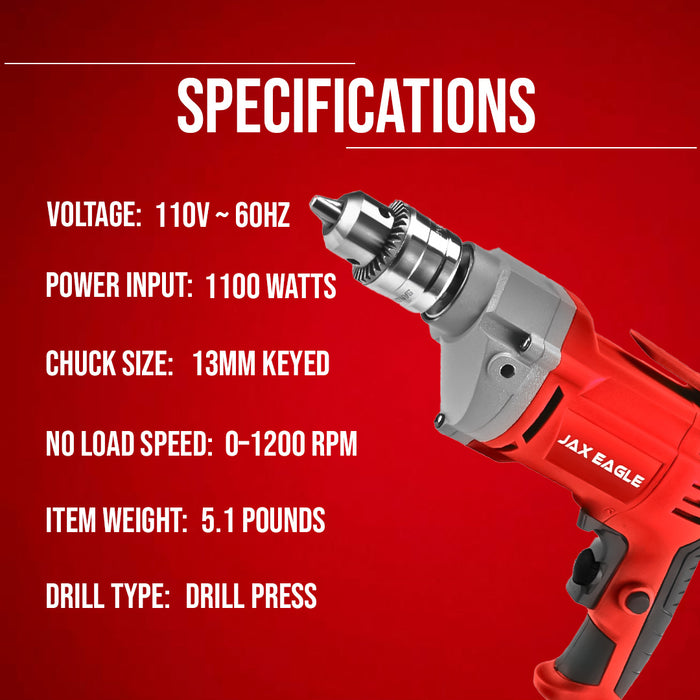 Electric Drill - ED1100 Heavy-Duty Corded Power Drill for Wood, Metal & Masonry
