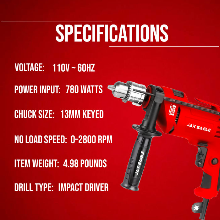 Impact Drill - ID780 Heavy-Duty Electric Power Drill for Concrete, Metal, and Wood