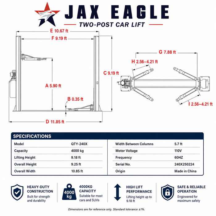 Two-Post Car Lift 4000kg 110V Auto Lift Heavy Duty Vehicle Hoist