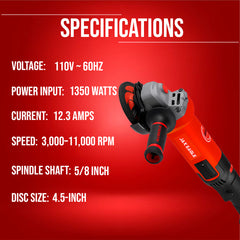 Power Angle Grinder - AG1350EC  Variable Speed Corded Grinder for Cutting, Grinding & Polishing