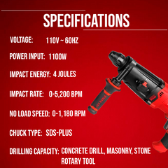 Rotary Hammer - RH2603PLUS Heavy-Duty SDS-Plus Hammer Drill for Concrete, Masonry & Demolition